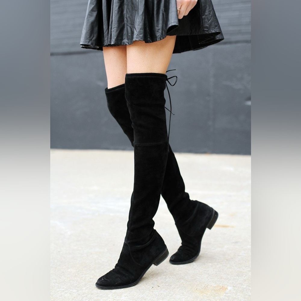 Stuart Weitzman Lowland OTK Suede Boots Black Flat Over The Knee 5.5 Fall Trendy